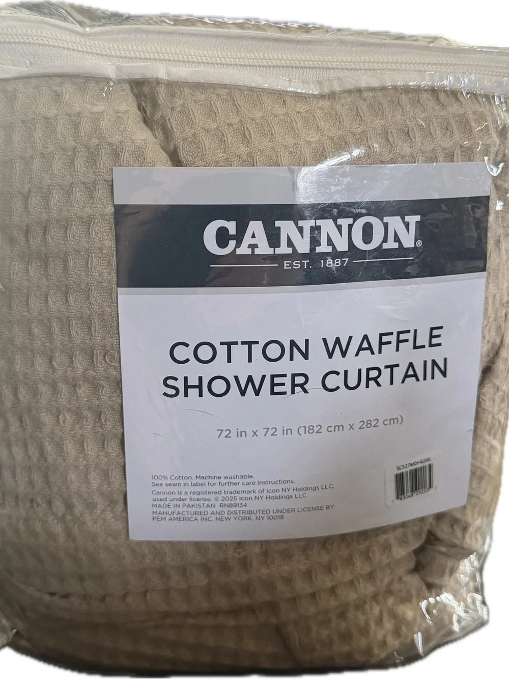 Cannon Heritage Cotton Waffle Shower Curtain Khaki Made In USA 72 x 72” NEW